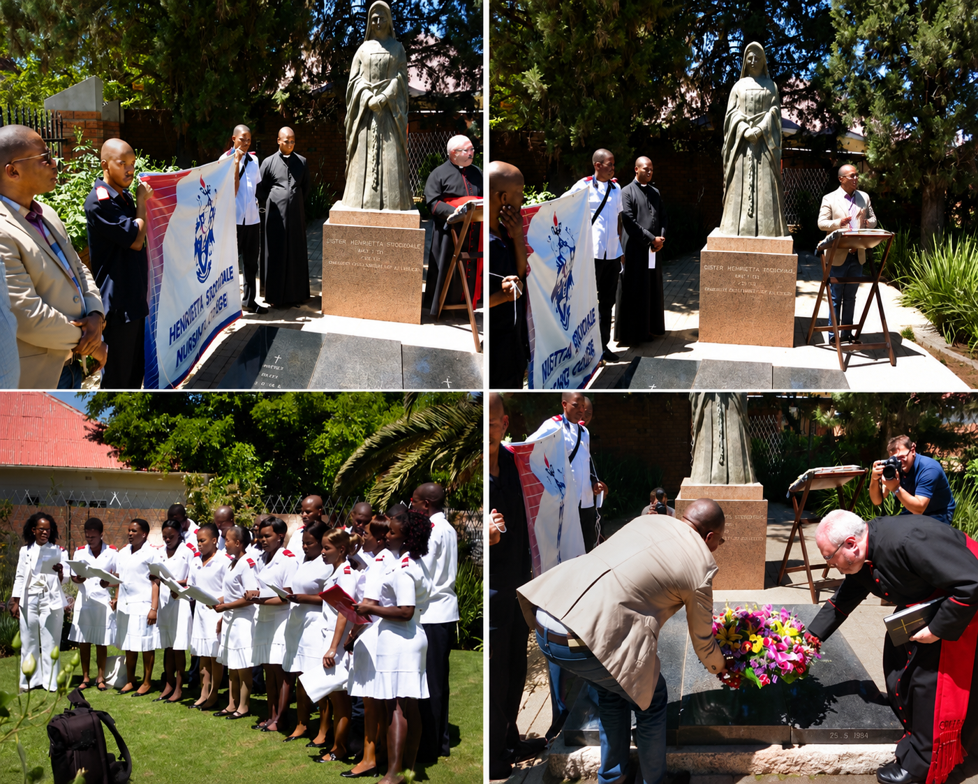 Memorial service at Sister Henrietta Stockdale's grave and statue in the Garden of Remembrance at St Cyprian's Cathedral, Kimberley.