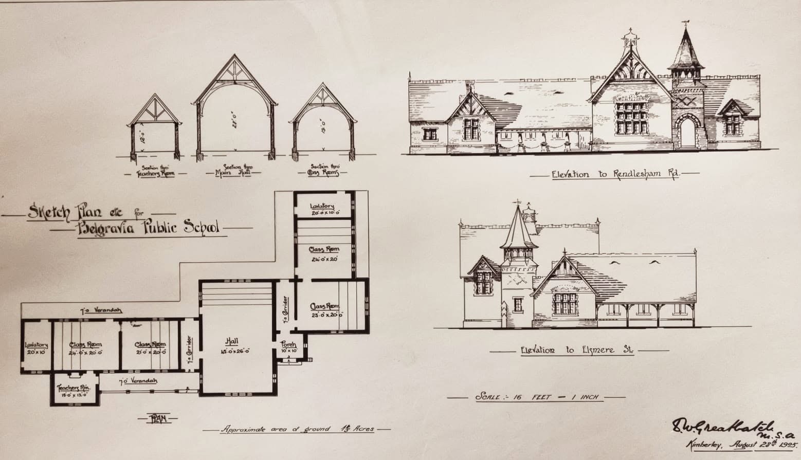 Daniel Westwood Greatbatch's original architectural drawing for Belgravia Public School